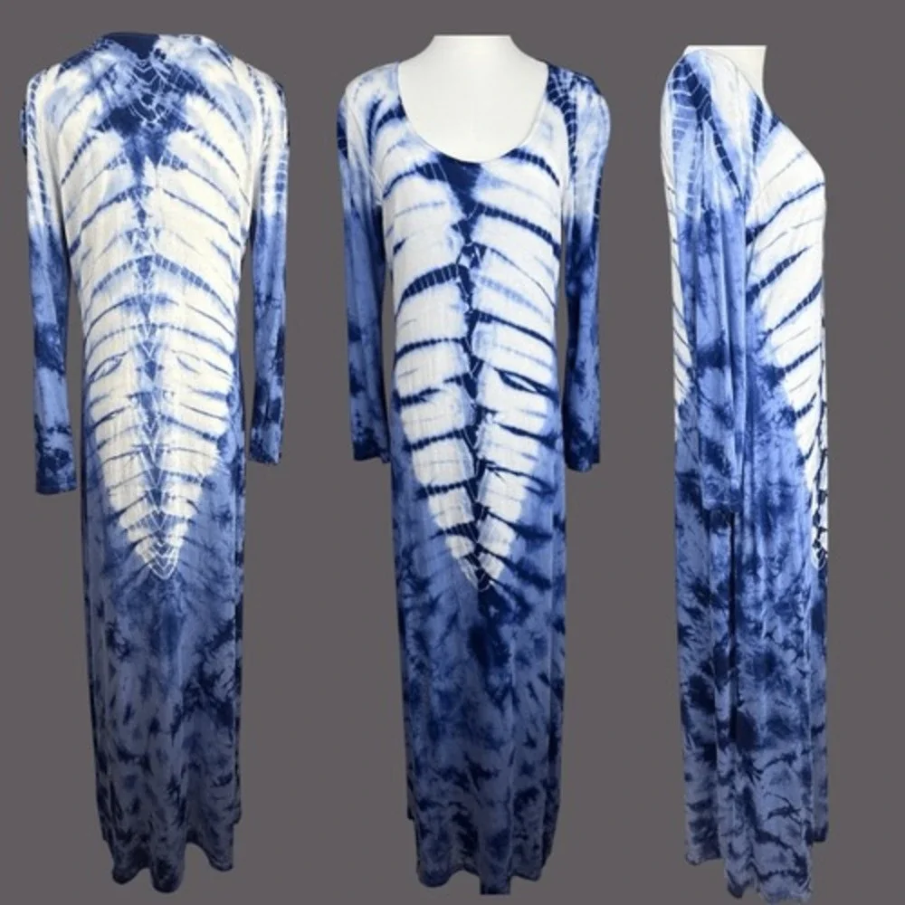 Romeo & Juliet Couture Womens Tie Dye Maxi Dress Size L Blue White‎ Boho Resort - Picture 2 of 16